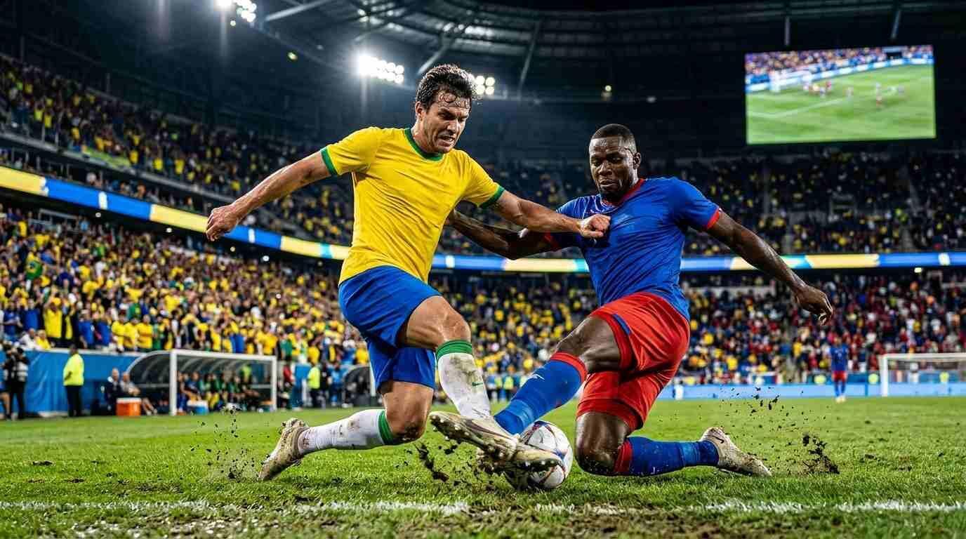 Brasil y Haití disputan un intenso partido en un estadio lleno durante el Mundial 2026.