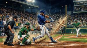 Bateador y lanzador protagonizan un intenso duelo en un partido de béisbol profesional.