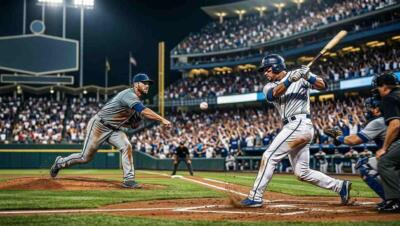 Lanzador y bateador protagonizan una intensa jugada en un duelo de béisbol en Los Ángeles.