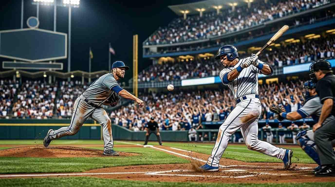 Lanzador y bateador protagonizan una intensa jugada en un duelo de béisbol en Los Ángeles.