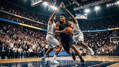 Jugadores disputan una intensa acción bajo el aro durante el segundo juego de la final de la NBA.