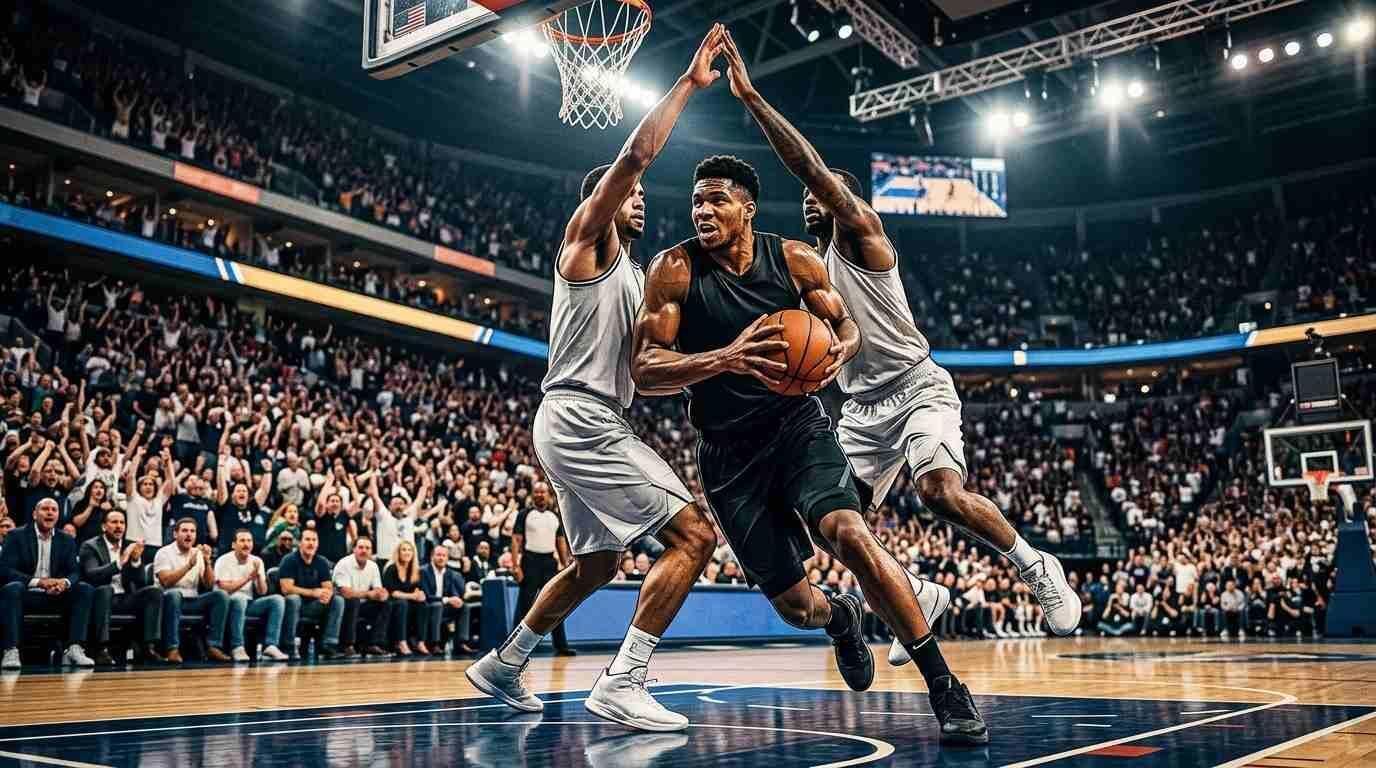 Jugadores disputan una intensa acción bajo el aro durante el segundo juego de la final de la NBA.