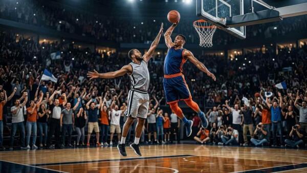 Jugadores disputan una jugada decisiva durante el Juego 4 de unas Finales de la NBA reñidas.