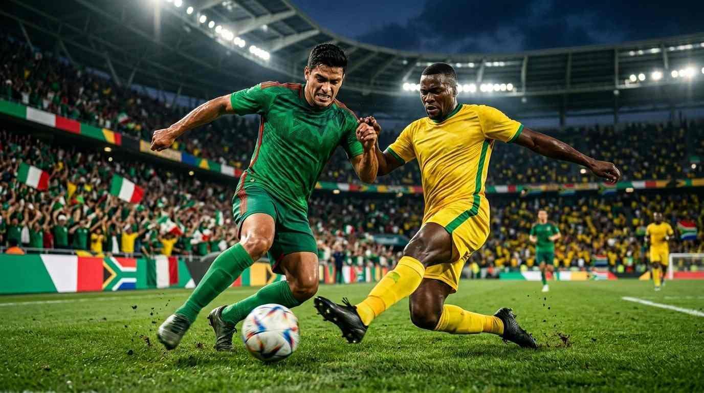 Jugadores de México y Sudáfrica disputan el balón en un estadio lleno durante el Mundial 2026.