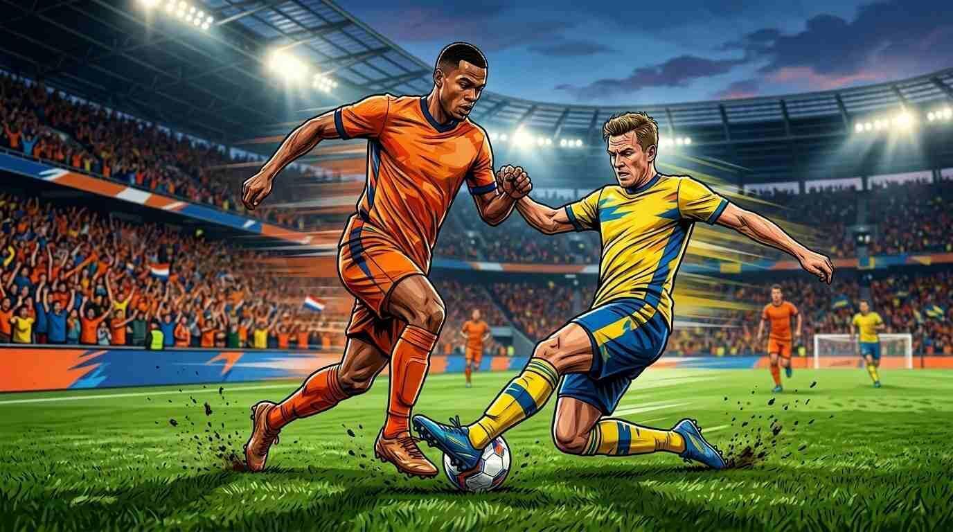 Jugadores de Países Bajos y Suecia disputan un balón en un estadio lleno del Mundial 2026.