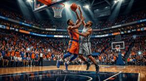 Acción intensa del Juego 2 de las Finales NBA entre San Antonio y Nueva York en un arena repleta.