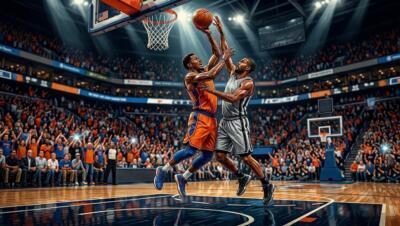 Acción intensa del Juego 2 de las Finales NBA entre San Antonio y Nueva York en un arena repleta.