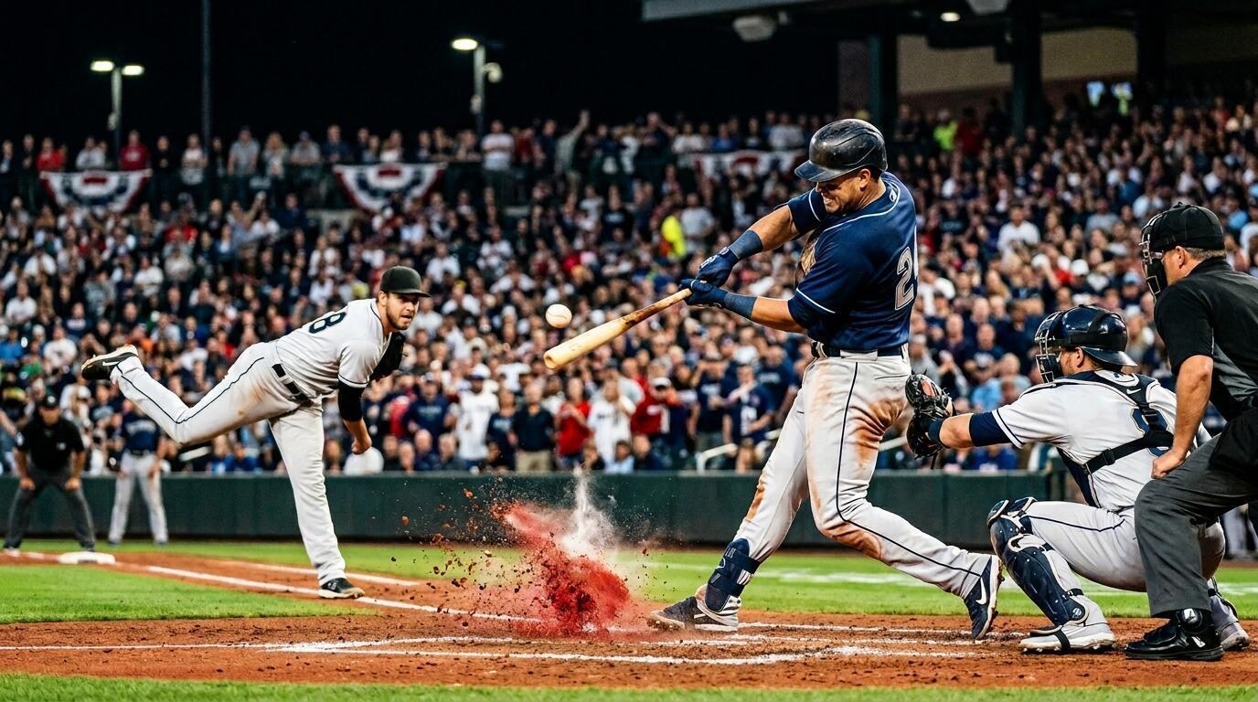 Baseball players in an intense MLB game under stadium lights with fans in the background.