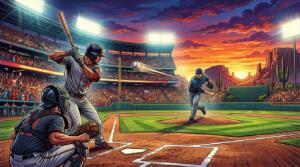 Bateador y lanzador protagonizan un intenso duelo de béisbol en un estadio repleto.