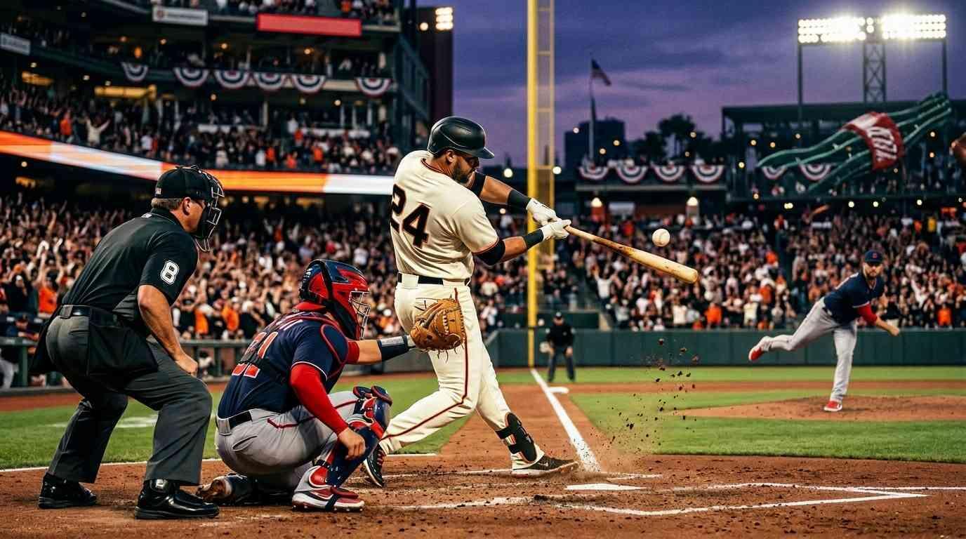 Bateador conecta la pelota en un emocionante duelo de béisbol ante estadio lleno.