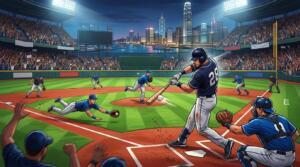 Lanzador y bateador protagonizan un emocionante duelo de béisbol ante una multitud.