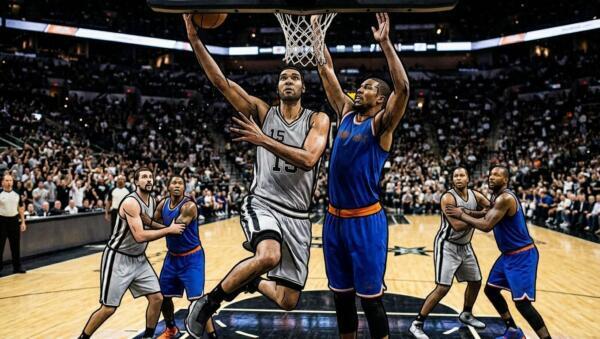 NBA Finals Game 1 action with players battling near the basket in a packed arena.