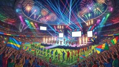 Ceremonia inaugural del Mundial 2026 con fuegos artificiales y estadio lleno de aficionados.