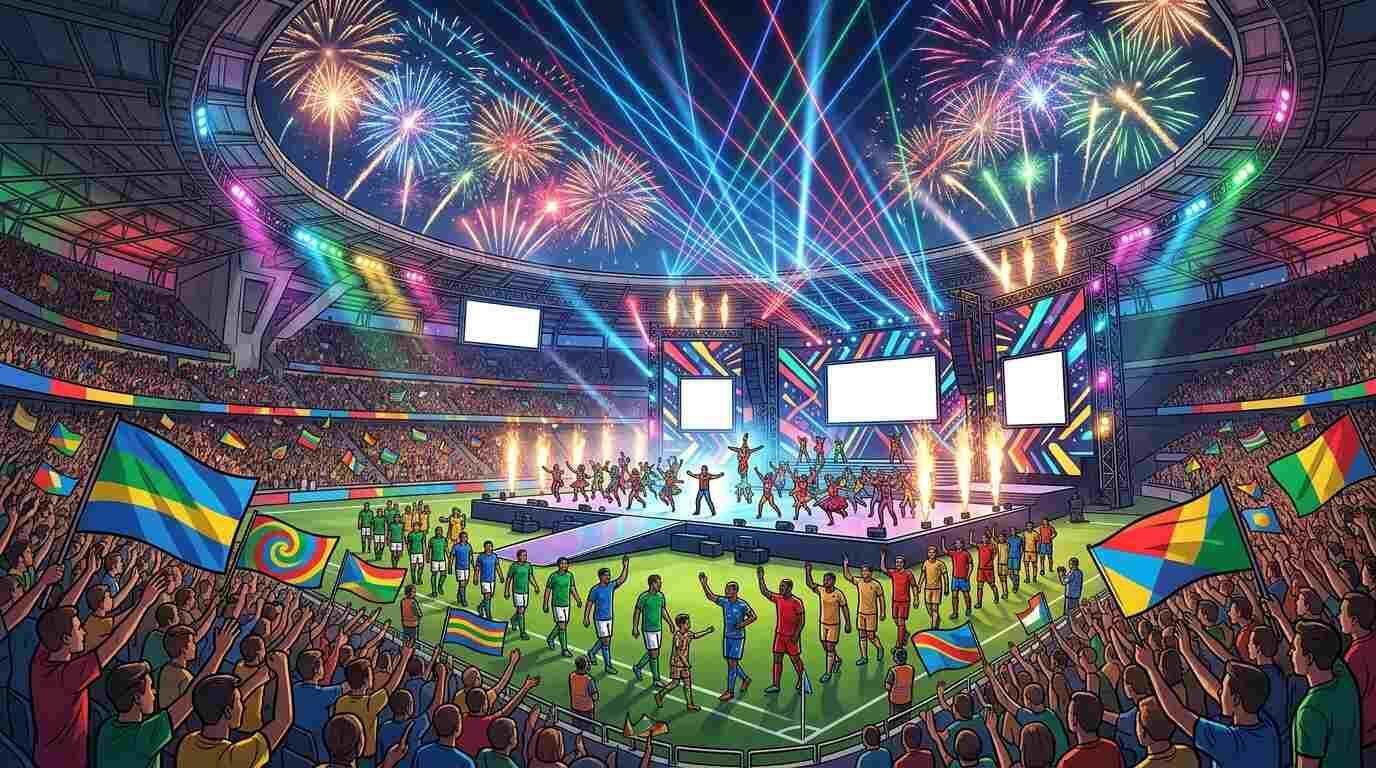 Ceremonia inaugural del Mundial 2026 con fuegos artificiales y estadio lleno de aficionados.