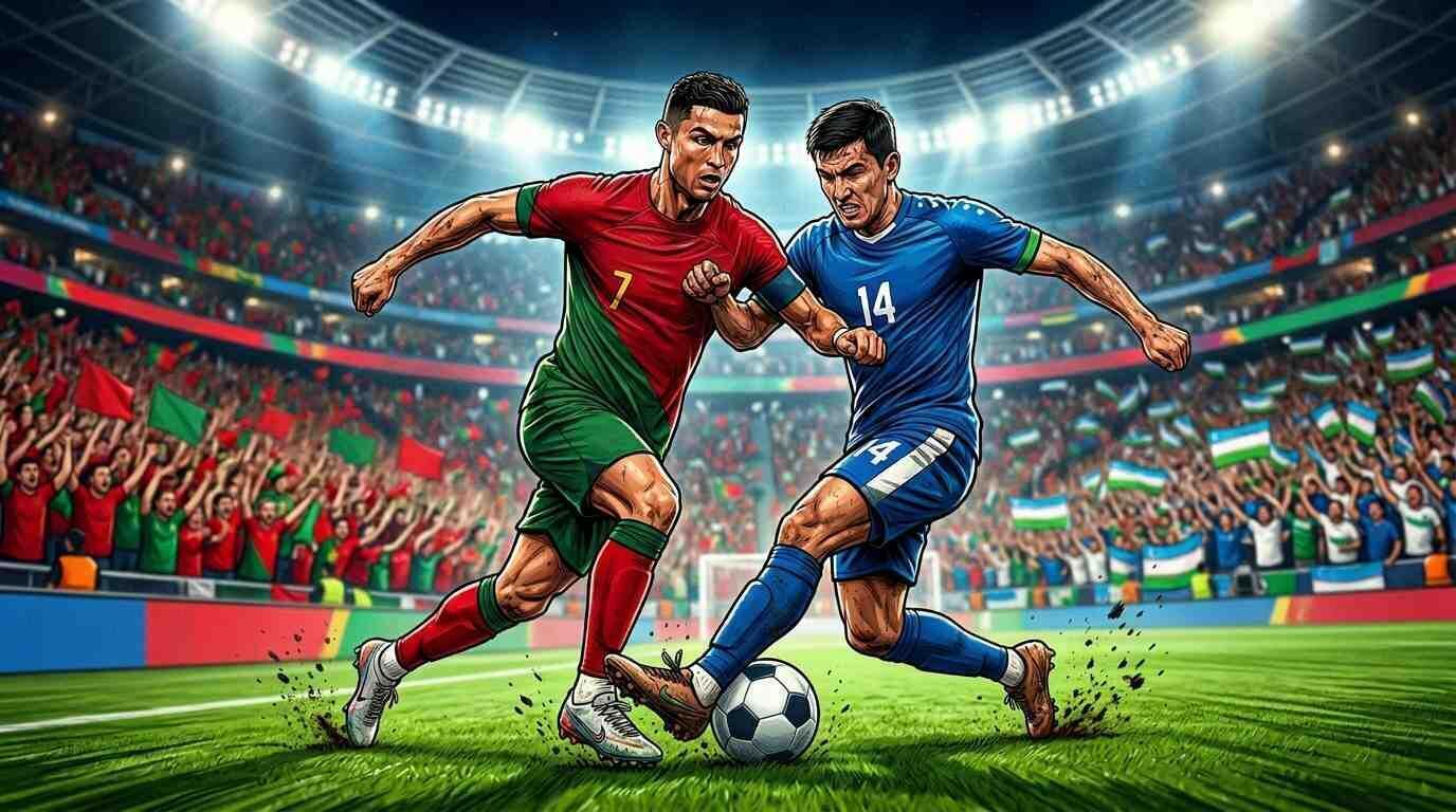 Portugal y Uzbekistán disputan un balón en un estadio lleno durante el Mundial 2026.