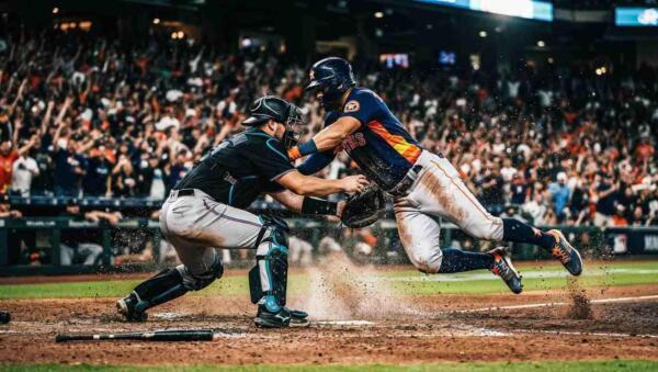 Juego de béisbol entre Houston y Miami con acción intensa en un estadio iluminado.