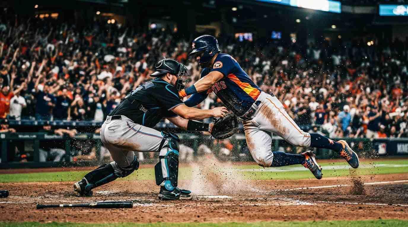 Juego de béisbol entre Houston y Miami con acción intensa en un estadio iluminado.