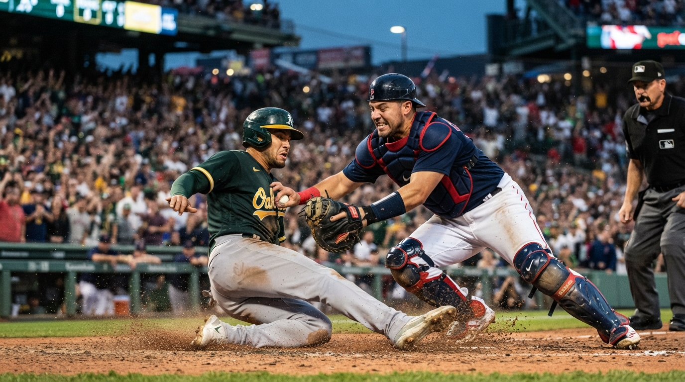 Jugadores de Oakland y Boston disputan una jugada intensa en el plato durante un partido de béisbol.