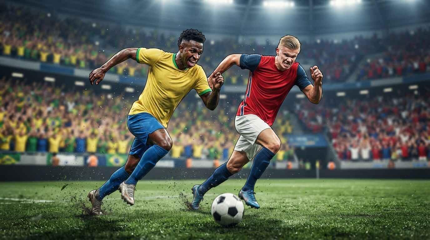 Brasil y Noruega disputan el balón en un intenso duelo del Mundial FIFA 2026.