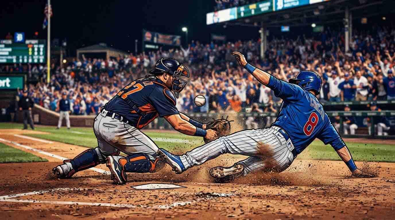 Duelo de béisbol entre Chicago y Detroit en un estadio lleno, con acción intensa en el campo.