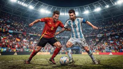 Jugadores de España y Argentina disputan el balón en un estadio lleno durante el Mundial 2026.