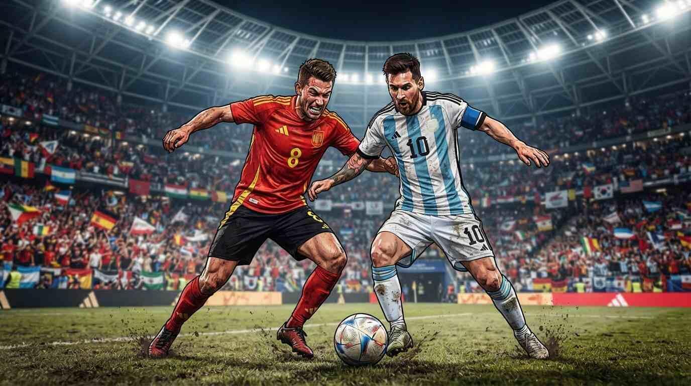 Jugadores de España y Argentina disputan el balón en un estadio lleno durante el Mundial 2026.