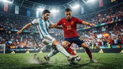 Jugadores de España y Argentina disputan el balón en un estadio lleno durante el Mundial 2026.