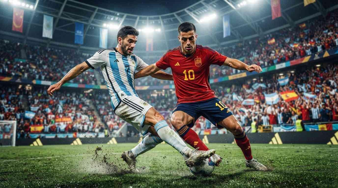 Jugadores de España y Argentina disputan el balón en un estadio lleno durante el Mundial 2026.