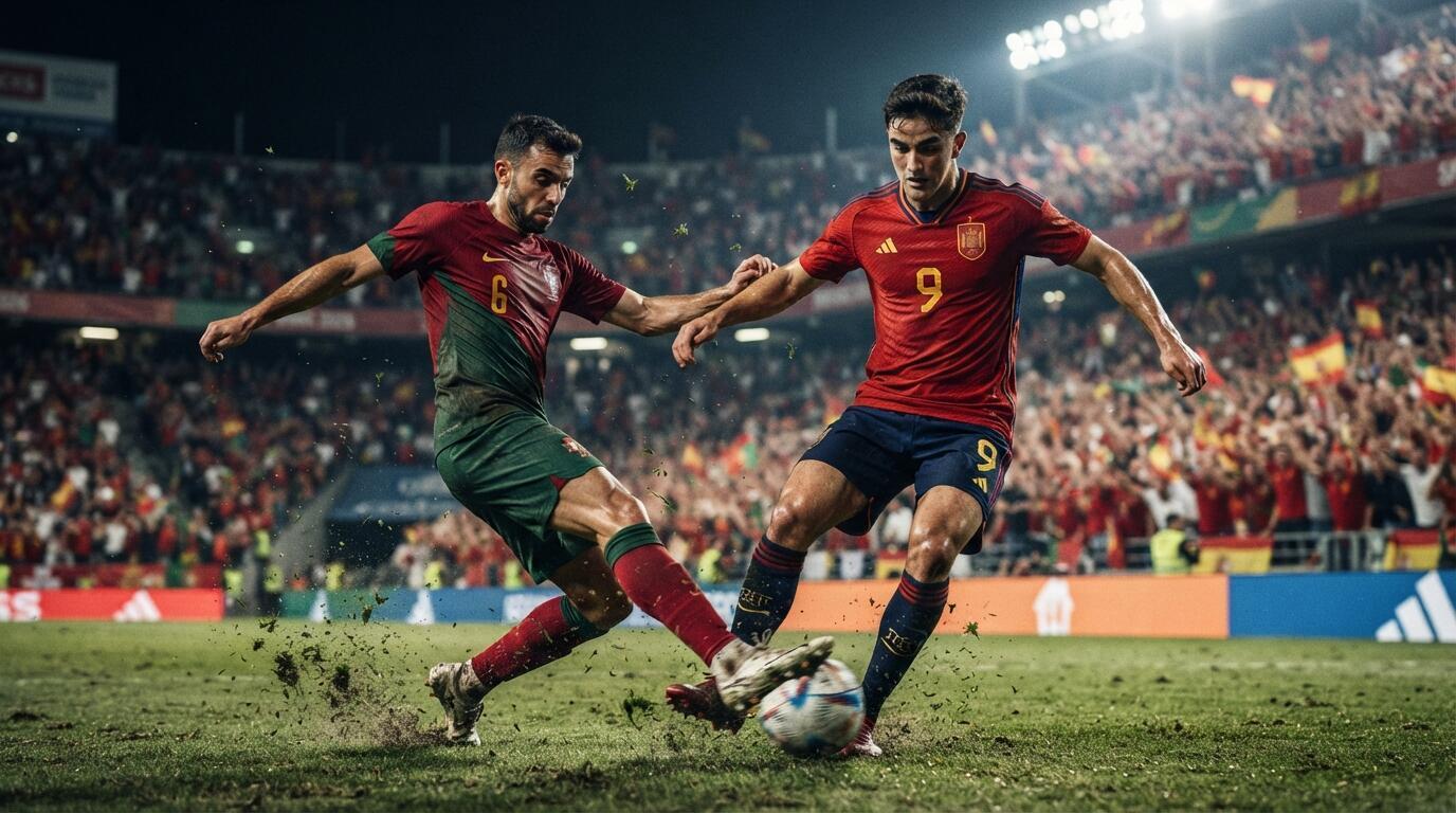 Jugadores de España y Portugal disputan el balón en un estadio mundialista.
