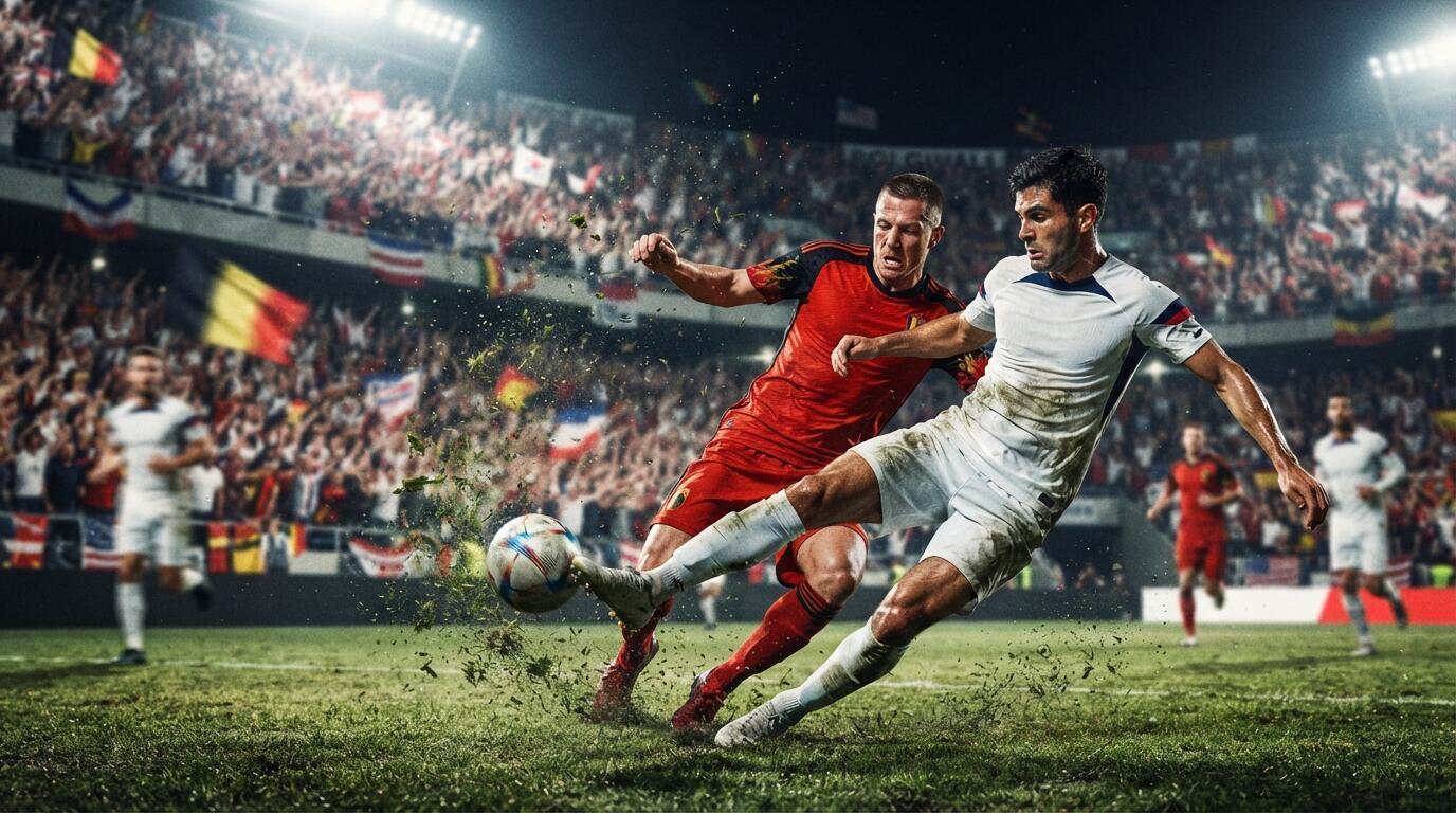 Jugadores de Estados Unidos y Bélgica disputan el balón en un estadio mundialista.
