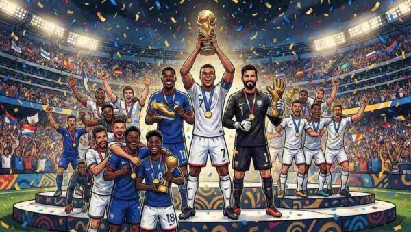 Equipos y jugadores celebran sus premios tras el Mundial 2026 en un estadio lleno de confeti.