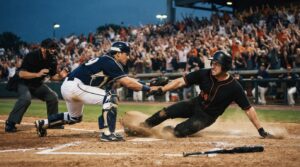 Jugadores de San Francisco y Milwaukee disputan una jugada intensa en un estadio de béisbol.