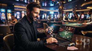 Jugador disfruta juegos de casino en línea desde su móvil en un ambiente moderno y elegante.