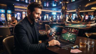 Jugador disfruta juegos de casino en línea desde su móvil en un ambiente moderno y elegante.