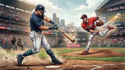 Jugador al bate y lanzador en un juego entre Mariners y Reds en un estadio lleno.