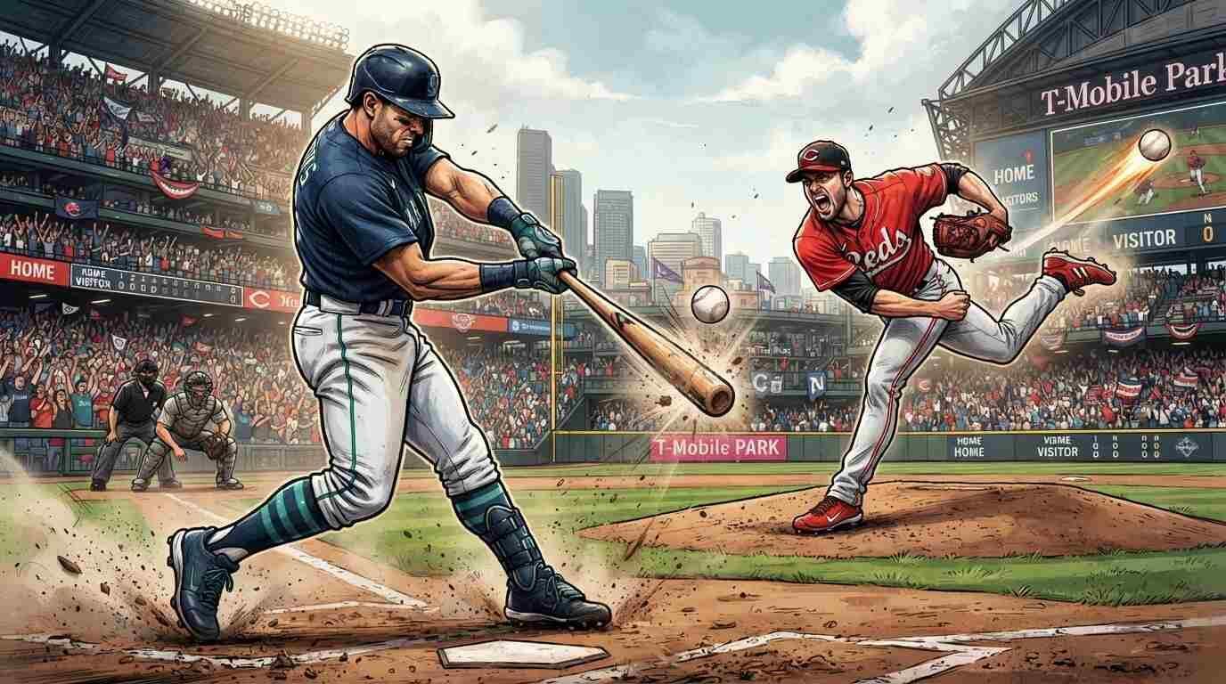 Jugador al bate y lanzador en un juego entre Mariners y Reds en un estadio lleno.
