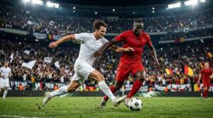 Nueva Zelanda y Bélgica disputan el balón en un intenso partido del Mundial 2026 ante una multitud.