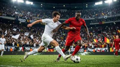 Nueva Zelanda y Bélgica disputan el balón en un intenso partido del Mundial 2026 ante una multitud.