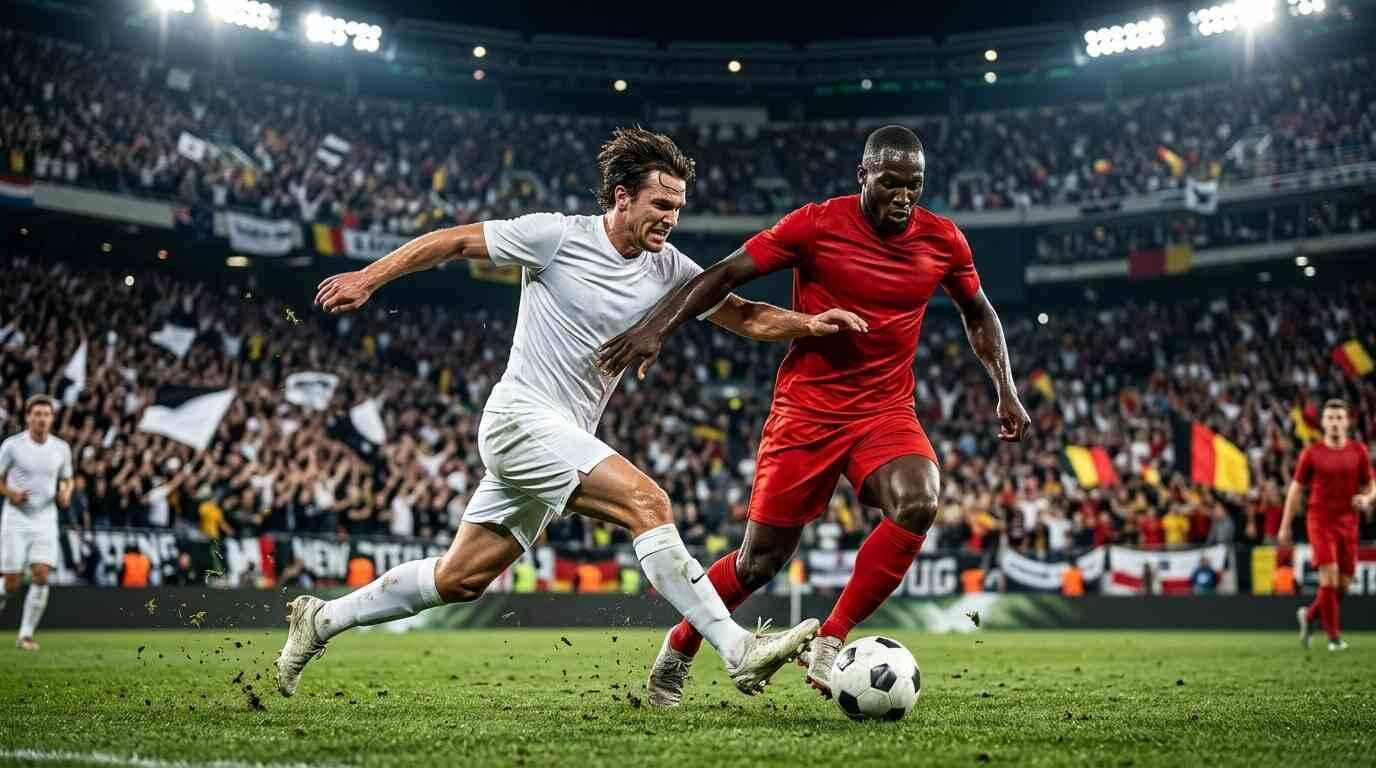 Nueva Zelanda y Bélgica disputan el balón en un intenso partido del Mundial 2026 ante una multitud.
