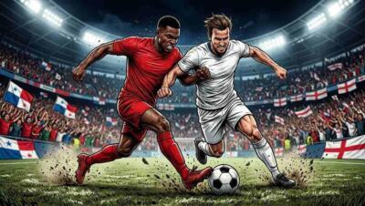Panamá e Inglaterra disputan una jugada intensa en un estadio lleno durante el Mundial 2026.