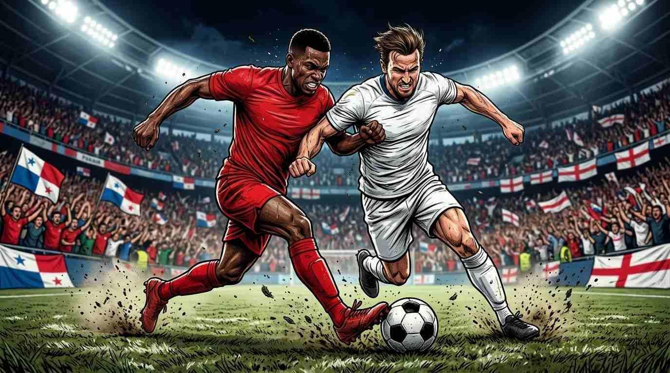 Panamá e Inglaterra disputan una jugada intensa en un estadio lleno durante el Mundial 2026.