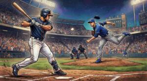 Jugador bateando ante pitcher en un juego Tigres vs Royals con ambiente intenso de MLB.