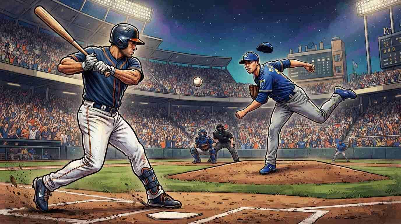 Jugador bateando ante pitcher en un juego Tigres vs Royals con ambiente intenso de MLB.