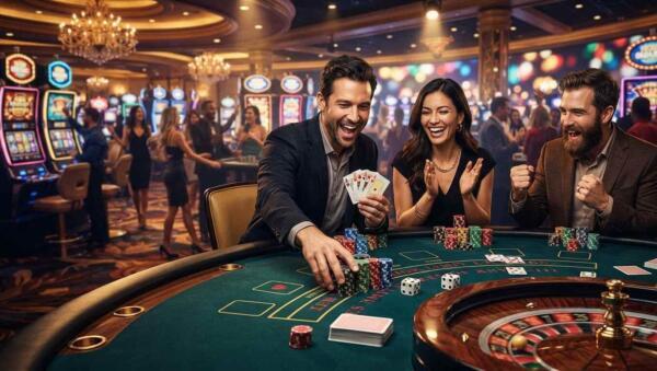 Promociones de casino con ruleta, cartas, fichas y máquinas tragamonedas en un ambiente vibrante.