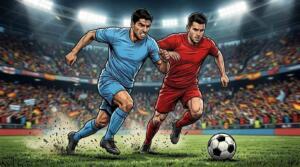 Uruguay y España disputan una jugada intensa en un estadio lleno durante el Mundial 2026.