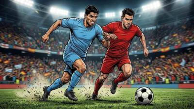Uruguay y España disputan una jugada intensa en un estadio lleno durante el Mundial 2026.