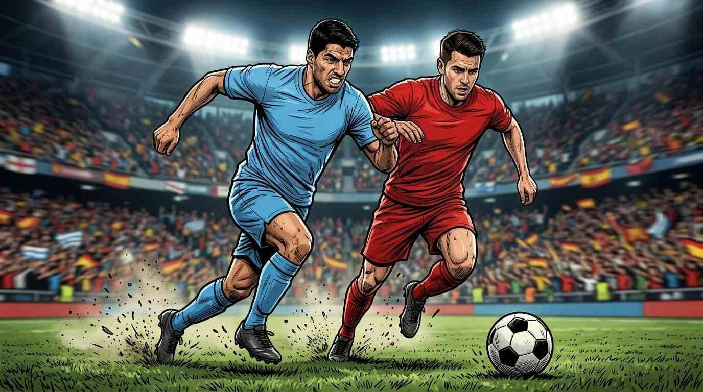 Uruguay y España disputan una jugada intensa en un estadio lleno durante el Mundial 2026.