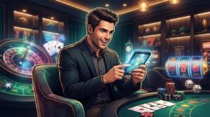 Jugador en casino online con ruleta, cartas y fichas en un entorno digital realista.