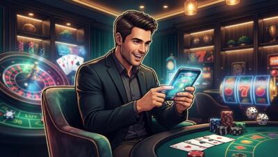 Jugador en casino online con ruleta, cartas y fichas en un entorno digital realista.